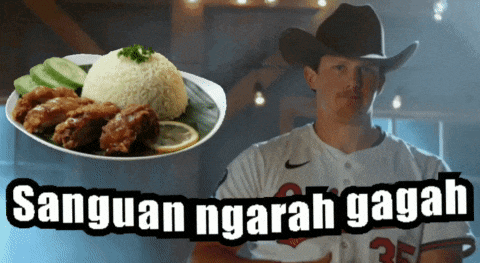a man wearing a cowboy hat is holding a plate of food with the words " sanguan ngarah gagah " below him