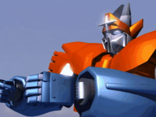 an orange and blue robot is holding a gun in his right hand