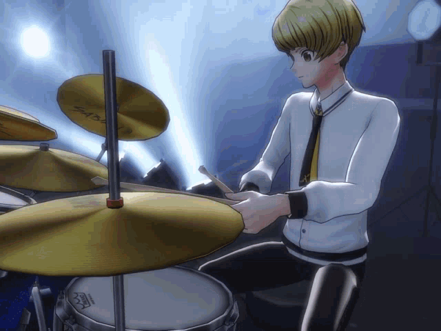 a person playing a drum set with sabian cymbals in the background