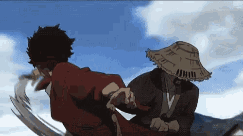 a man in a straw hat is fighting another man in a red shirt
