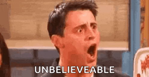 a man is making a funny face with his mouth open and the words `` unbelievable '' written next to him .