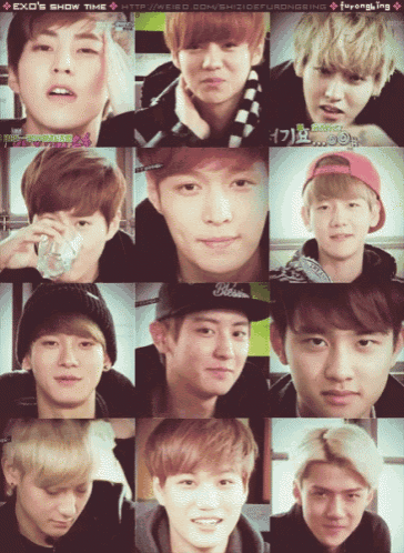 a collage of exo 's show time shows a variety of facial expressions