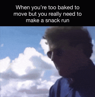 a man wearing sunglasses stands in front of a blue sky with clouds and says when you 're too baked
