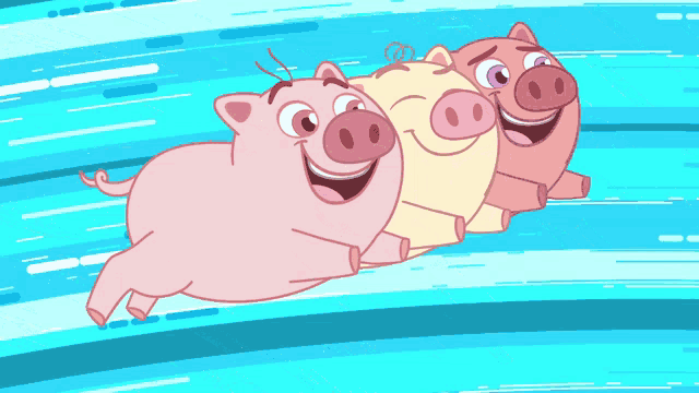 three cartoon pigs are running in a row and smiling