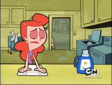 a cartoon of a woman sitting in a laundry room next to a bottle of cn