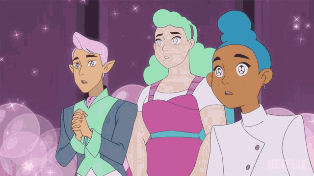 three cartoon characters standing next to each other with netflix written in the corner
