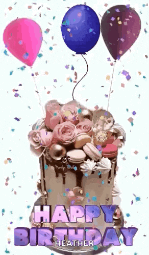 a birthday cake with balloons and confetti on it and the words `` happy birthday heather '' written on it .