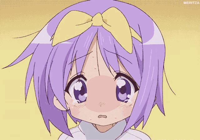 a girl with purple hair and a yellow bow on her head cries