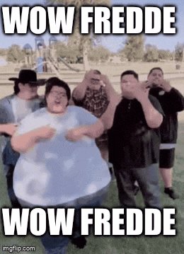 a group of fat men are dancing in a park with the words wow fredde wow fredde