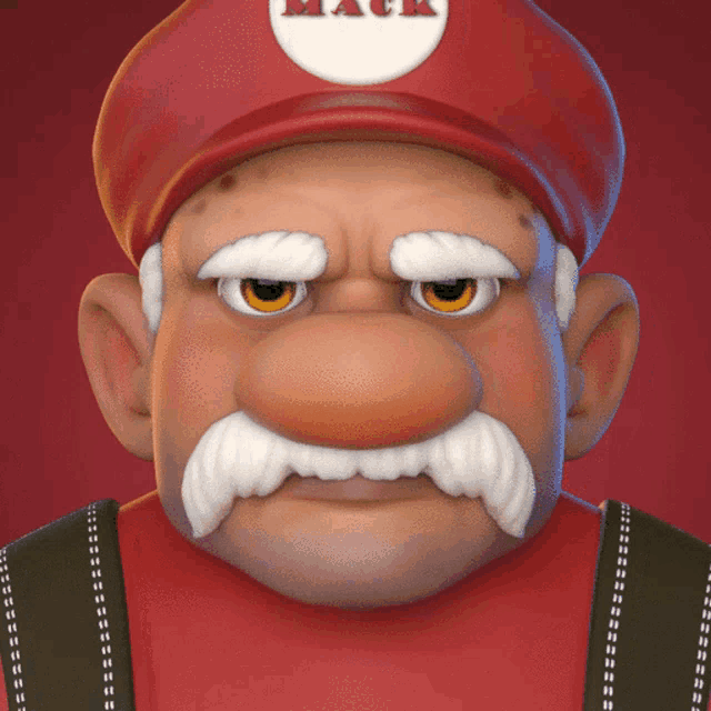 a cartoon character wearing a red hat that says mack