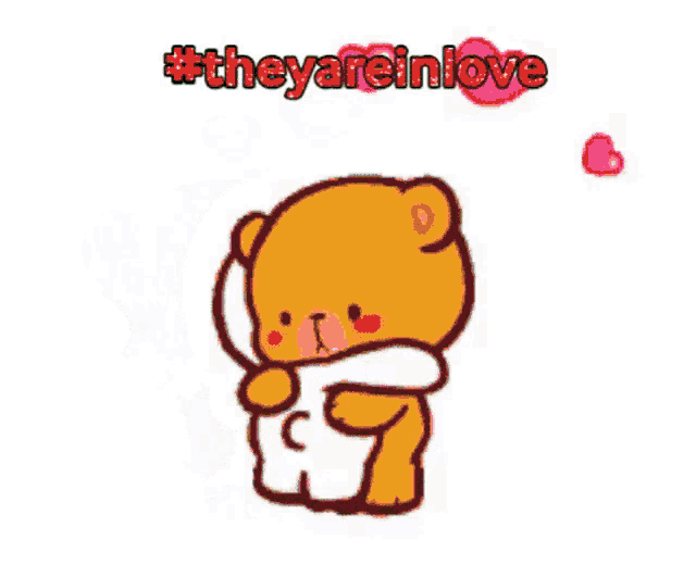 a blue teddy bear is hugging another teddy bear with the words " they are in love " above him