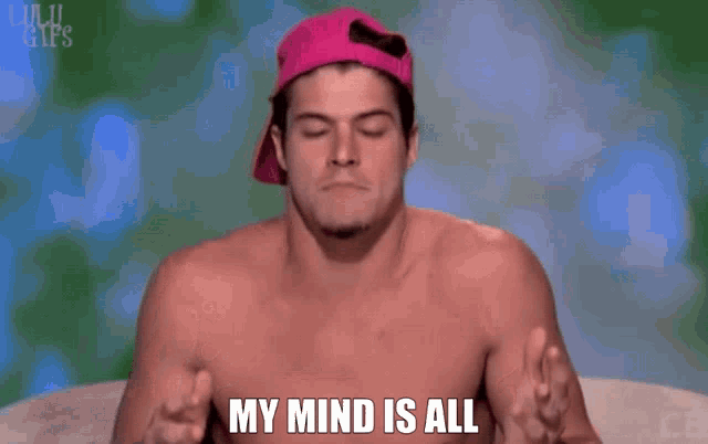 a shirtless man wearing a pink hat says jibble-jabble-jogle-jigga-cragge