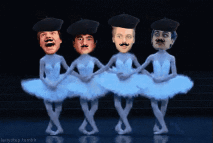 four men in tutus with their faces on them