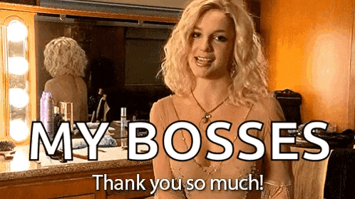 a woman is standing in front of a mirror with the words my bosses thank you so much on the bottom