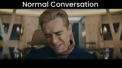 a man is sitting in a chair with the words normal conversation written above him