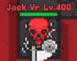 a pixel art drawing of a skull with a sword and the words jack vr lv 400