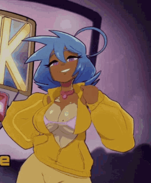 a cartoon drawing of a girl with blue hair wearing a yellow jacket and a pink bra