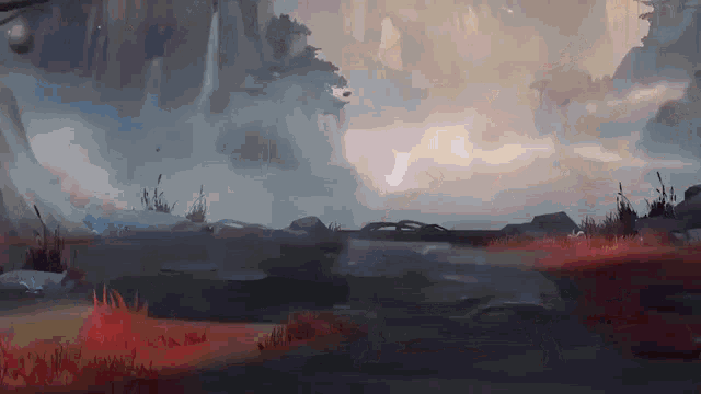 a painting of a landscape with mountains and trees