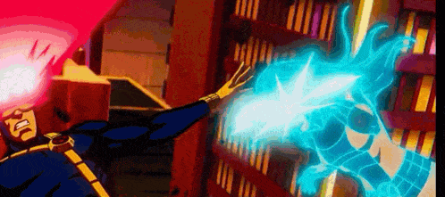 a cartoon of a superhero holding a blue sword in his hand .