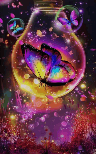a colorful butterfly is sitting inside a light bulb