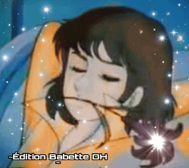 a cartoon drawing of a girl sleeping with the words edition babette dh below her