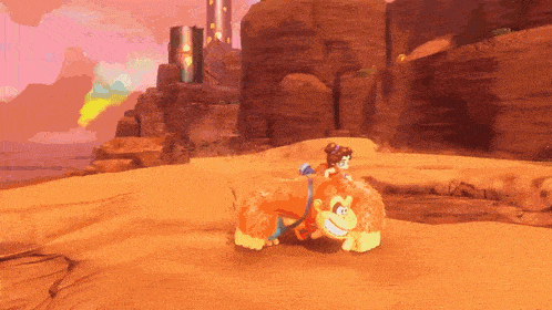 a girl is riding on the back of a donkey kong in a video game