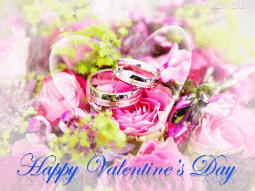 a happy valentine 's day greeting card with pink flowers and rings