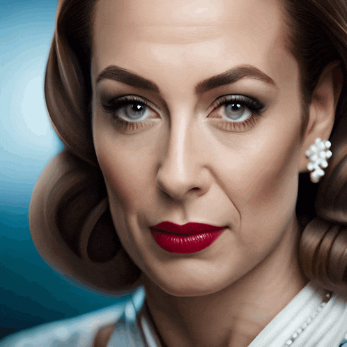 a woman wearing red lipstick and pearl earrings