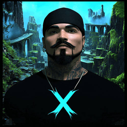 a man with a beard and mustache wears a black shirt with an x on it