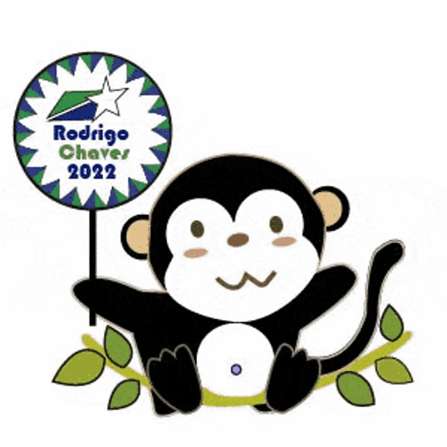 a monkey is sitting on a branch holding a sign that says rodrigo chaves 2022 .