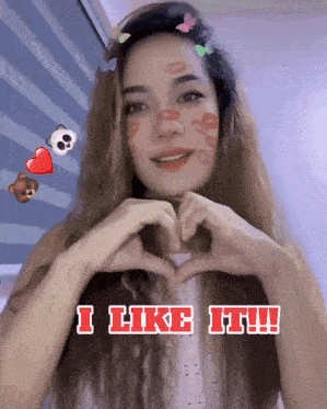 a woman making a heart shape with her hands with the words i like it written below her