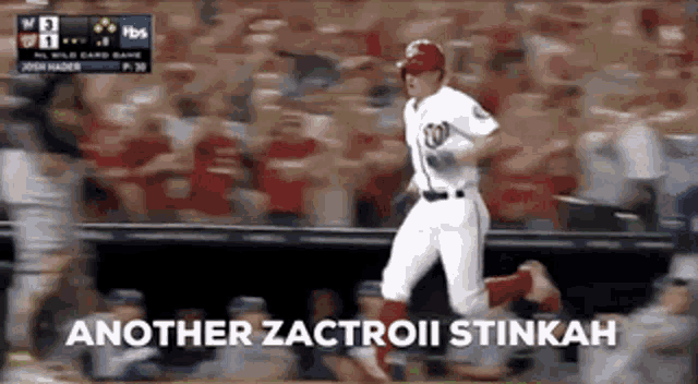 a baseball player is running in front of a crowd with the words another zactroii stinkah below him