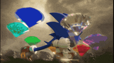 a pixel art of sonic the hedgehog holding a sword surrounded by various colored gems