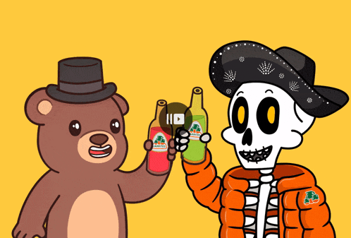 a cartoon of a teddy bear and a skeleton holding bottles of mirinda