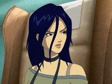a cartoon character with blue hair and a choker on her neck