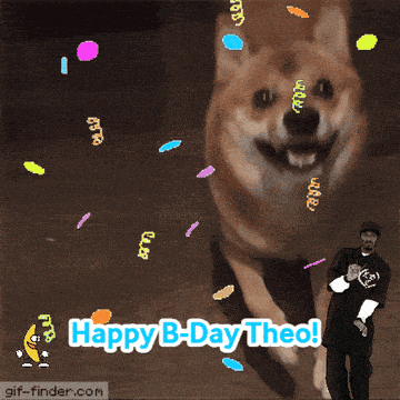 a gif that says happy b-day theo with a dog in the background