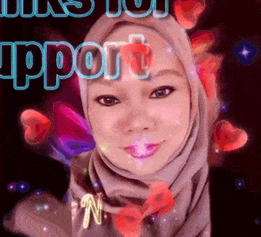 a woman wearing a hijab is surrounded by hearts and the words support