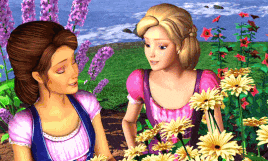 two cartoon girls are standing in a field of flowers