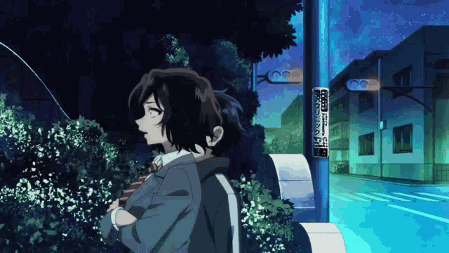 a girl stands in front of a street light with a sign on it that says ' tokyo '