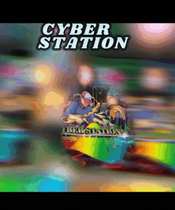 a blurred image of a roller coaster with the words cyber station below it