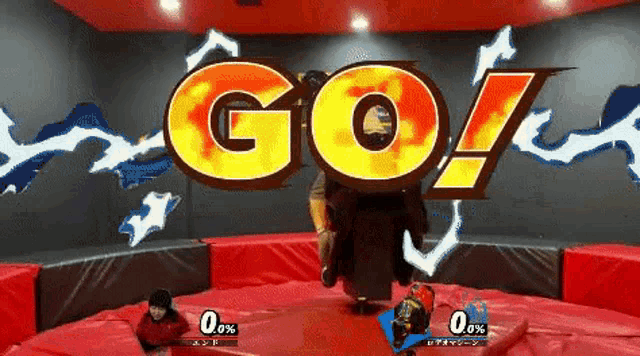a video game screen shows a person being thrown in the air and the words go !