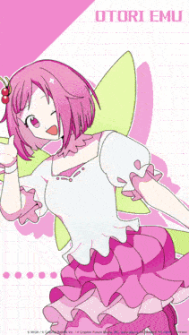 a drawing of a girl with pink hair and the name otori emu on the bottom
