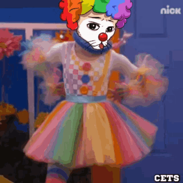 a cartoon of a cat dressed as a clown with the nick logo behind it