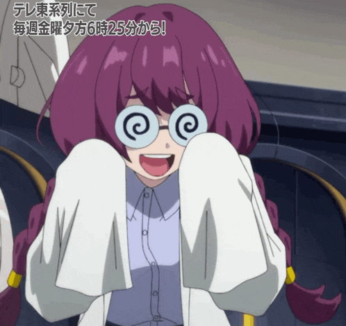 a girl with purple hair is wearing glasses with a swirl around her eyes