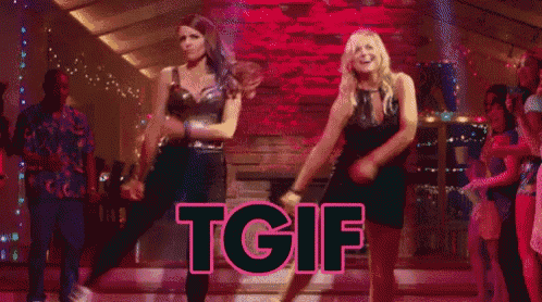 a group of women are dancing in a room with the word tgif written in pink .