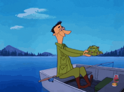 a cartoon of a man in a boat with a large fish on his head