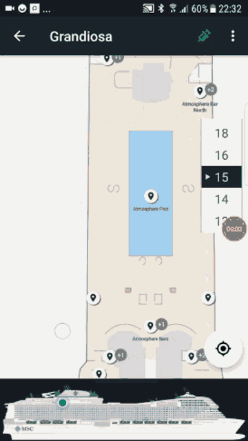 a map of a cruise ship shows the directions to atmosphere pool