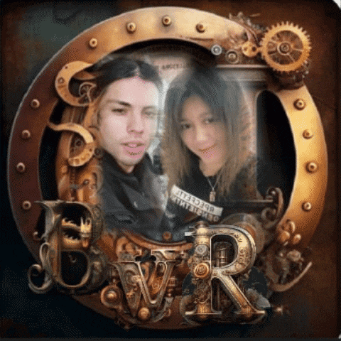 a picture of a man and a woman in a steampunk frame with the letter r on it