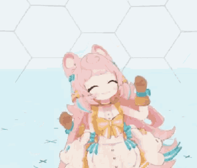 a cartoon girl with pink hair and gloves is standing next to a sheep and smiling .