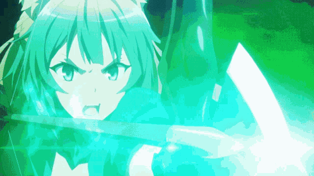 a girl with green hair is holding a sword in her right hand